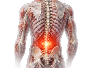 Human lower back anatomy with spine muscles nerves bones showing lumbar pain inflammation medical illustration isolated on white background