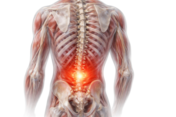 Human lower back anatomy with spine muscles nerves bones showing lumbar pain inflammation medical illustration isolated on white background