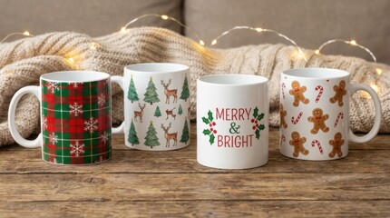 Obraz premium Christmas mug design template showcases vibrant seasonal colors and festive illustrations.