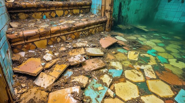 Floating segments of ceramic tiles dislodged from a damaged and flooded wall creating debris on steps