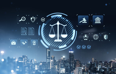 Legal technology concept with justice icons and scales of law on futuristic city background at...