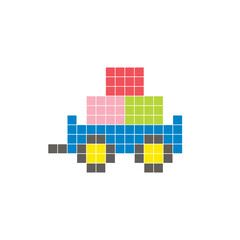 Fototapeta premium A flat pixel design made of geometric square color blocks on a clean icon layout. Pixel art cart and colorful box