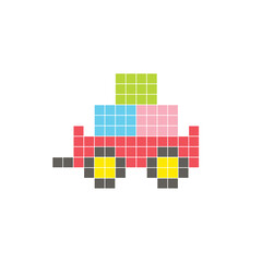 Fototapeta premium A flat pixel design made of geometric square color blocks on a clean icon layout. Pixel art cart and colorful box