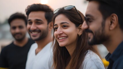 A group of friends or colleagues laughing together outdoors at sunset embodying joy and camaraderie