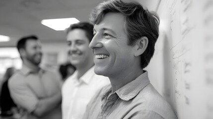 A diverse team of colleagues actively collaborates and shares ideas smiling and laughing near a whiteboard in a bright modern office workspace