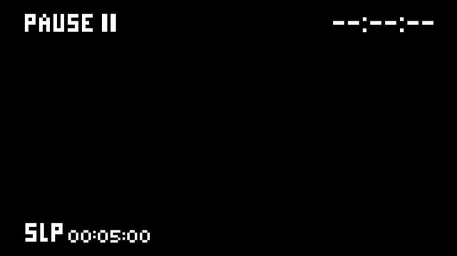 Pausing vhs with time code on black screen. Suitable for vintage media or nostalgiathemed projects. Advertising, concept art, retro design.