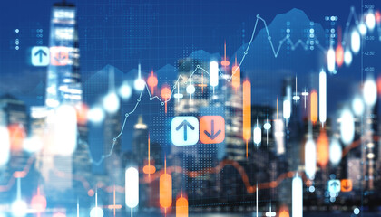 Financial market chart with rising and falling graphs over city skyline at night showing investment growth and decline concept background.