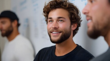 Three young men in a collaborative meeting brainstorming ideas with smiles