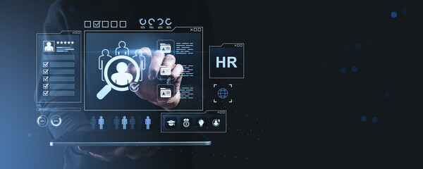 Digital human resources concept with holographic UI for recruitment and employee data management on a futuristic technology background.