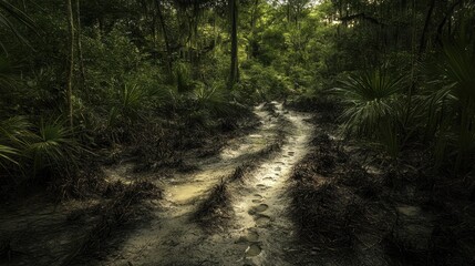 Obraz premium Footprints lead through a muddy and overgrown forest path dappled with sunlight creating a sense of natural wilderness exploration and adventure