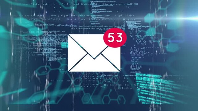 Animation of mail over data processing on navy background