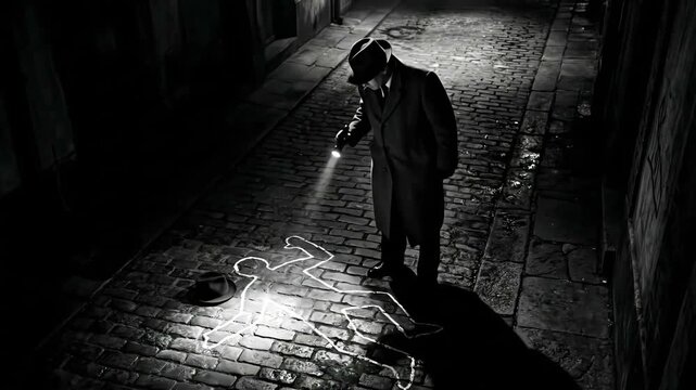 Vintage film noir detective investigates a chalk outline of a body using a flashlight in a dark, cobblestone alleyway at night.