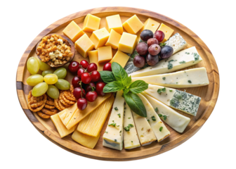 Cheese board platter with cheddar brie and blue cheese grapes cherries and crackers appetizer