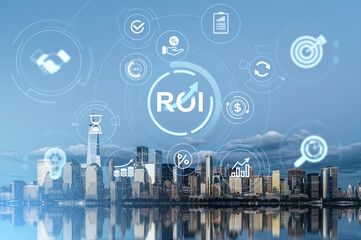 ROI concept with modern digital business icons over Manhattan, NY skyline background under blue sky and reflections on water.