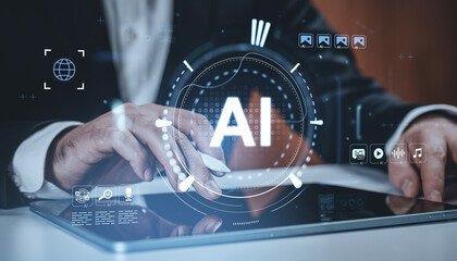 Businessman interacting with AI interface on tablet, futuristic tech concept with digital hologram on modern background in office environment.