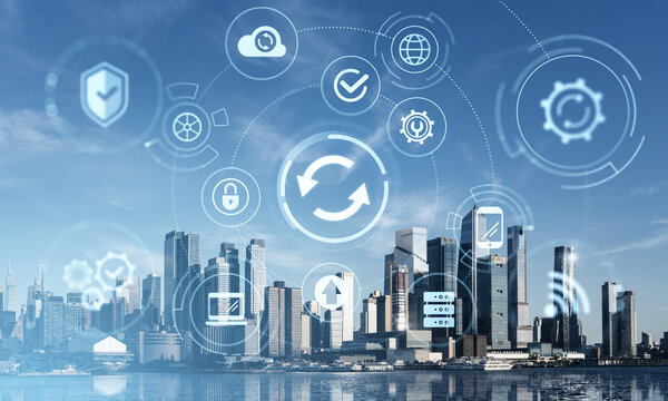 Smart city digital transformation concept with tech icons overlay on modern urban skyline and blue sky background. - Powered by Adobe