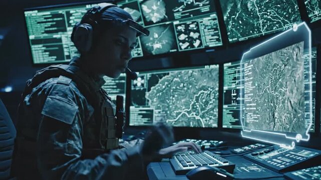 Cyber Warfare Analyst: A focused cyber warfare analyst in a high-tech command center, immersed in monitoring and analyzing intricate data on multiple screens.