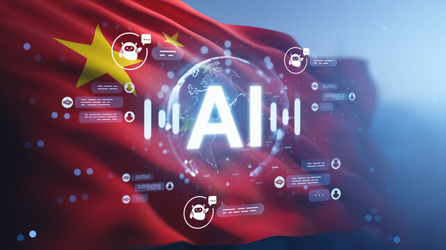 AI technology concept with chatbot communication holograms over Chinese flag background illustrating global artificial intelligence integration.