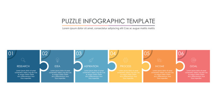 puzzle infographic design with 6 step, graph to describe the steps