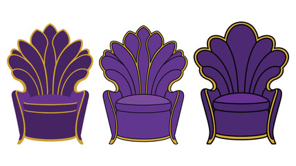 Three purple velvet fan shaped high backed luxury art deco style throne armchairs furniture set