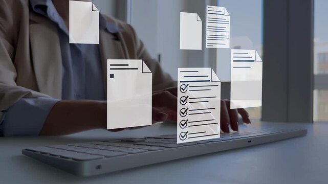 Business woman in computer doing online data documentation checklist survey. Fast checklist,clipboard task business management.Productivity checklist and filling survey form online.	
