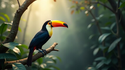 Fototapeta premium A vibrant toucan, showcasing its striking colorful beak, perches on a sunlit branch in a lush tropical rainforest