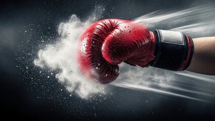 Red boxing glove punching forward with dust trail on dark smoky background