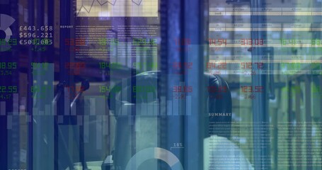 Animation of statistical data processing over close up of a forklift at the warehouse - Powered by Adobe