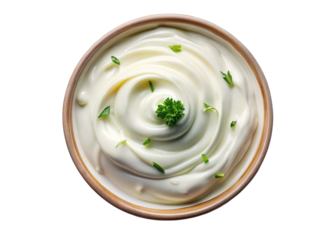 Creamy sour cream dip recipe with fresh herbs and garnish, top view close up food photography