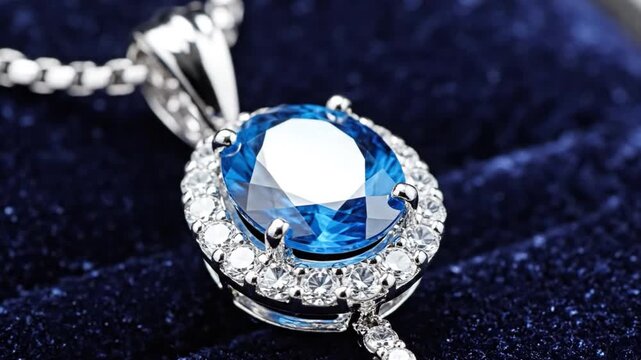 Gemstone Pendant: A captivating gemstone pendant, boasting a brilliant sapphire encircled by dazzling diamonds. Set against a backdrop of rich, royal blue.