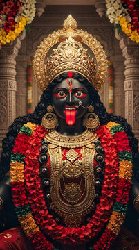 Majestic black statue of maa kali adorned with fresh flower garlands and gold ornaments for diwali and kali puja