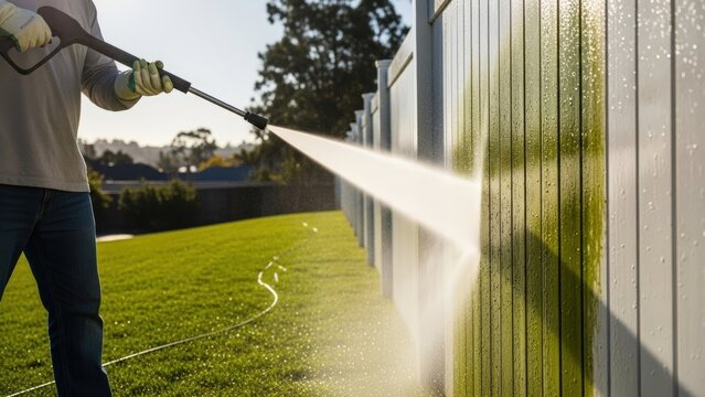 Worker using pressure washer to clean wooden fence near grass