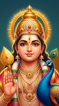 Beautiful portrait of lord murugan wearing golden crown and holding vel spear beside peacock illustrating tamil hindu god for thaipusam festival worship