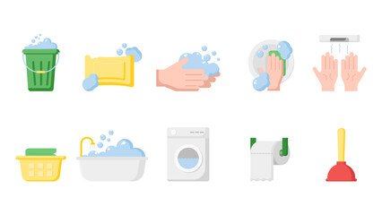 Hygiene and Cleaning Service Icon Set, Flat Vector Illustration of Washing Hands, Laundry, and Bathroom Equipment