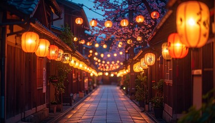 Lantern-Lit Alley in Japan with cherry blossoms
