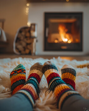 Cozy Winter Evening by the Fireplace with Colorful Wool Socks