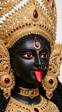 Side profile view of black goddess kali idol wearing intricate golden jewelry and crown for traditional kali puja and diwali