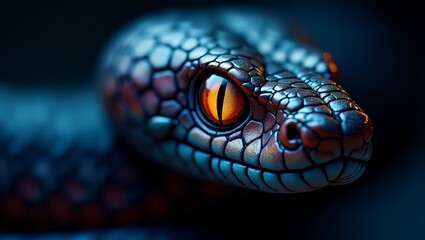 Fototapeta premium A close-up view of a snake's head with vibrant scales and glowing orange eyes in a dark environment
