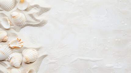 This wedding invitation showcases a background of seashells and sand, perfect for a coastal ceremony held in summer by the ocean