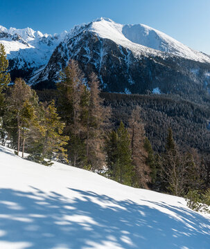 Winter in High Tatras mountains in Slovakia - view during ascend to Patria mountain peak