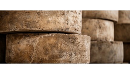 Several wheels of aged parmesan are stacked in an artisanal shop ready for customers to view and purchase