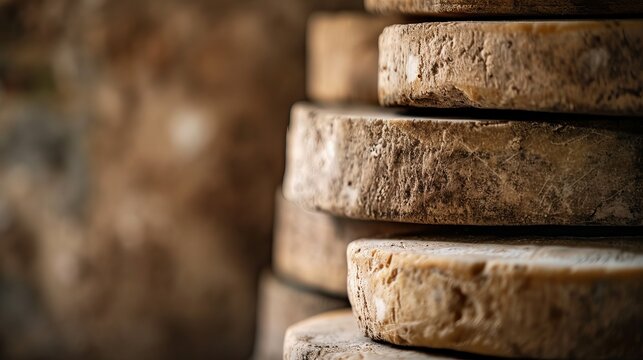 Wheels of aged parmesan are stacked in an artisanal cheese shop on a busy afternoon as customers browse the selection