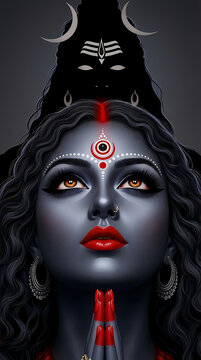 Divine blue skinned woman with third eye praying with lord shiva silhouette background for spiritual kali puja and diwali