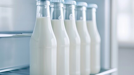 Flavored milk is displayed in a modern refrigerator with several clear bottles holding dairy drink in each compartment