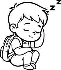 Obraz premium Cute cartoon boy with backpack sleeping peacefully on white background 