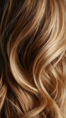 Naklejka premium Captivating hair texture in close-up, revealing wavy blonde, brown strands with golden highlights. An abstract composition, the deep background emphasizes intricate flow, natural beauty.