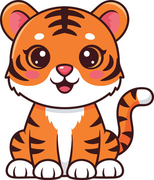  Cute Baby Tiger Cub Sitting Happily and Eagerly - Adorable Cartoon Vector Illustration