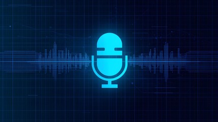 Neon Blue Glowing Microphone Icon with Digital Audio Sound Waves on Grid Background