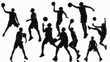 Obraz premium Silhouetted figures in action, playing basketball. Dynamic poses and moments of athletic play are captured