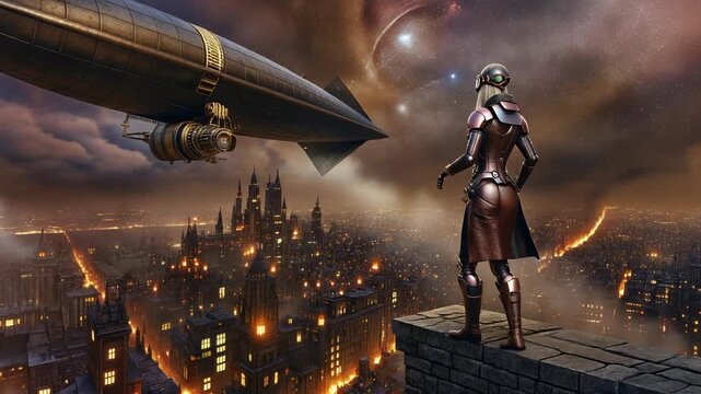 A woman in futuristic armor overlooks a sprawling, illuminated steampunk city with a large airship flying overhead under a celestial sky.